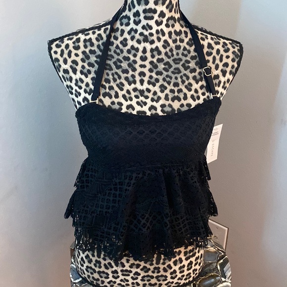 Island Escape Swim Island Escape Tiered Black Crochet Tankini Top